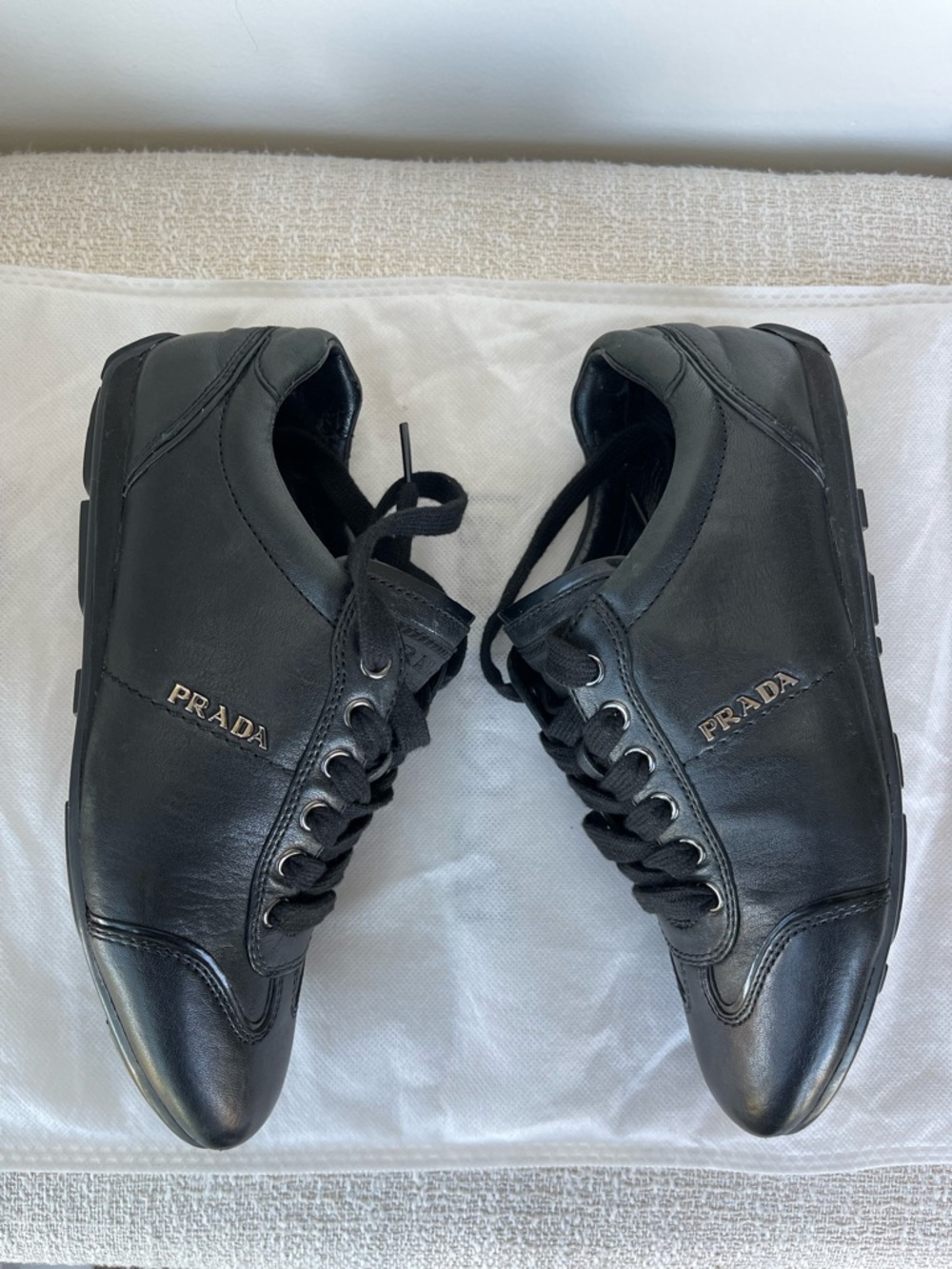 Prada Montecarlo Logo Plaque Black Leather Low-Top Lace Up Trainers 35.5 - Picture 7 of 15